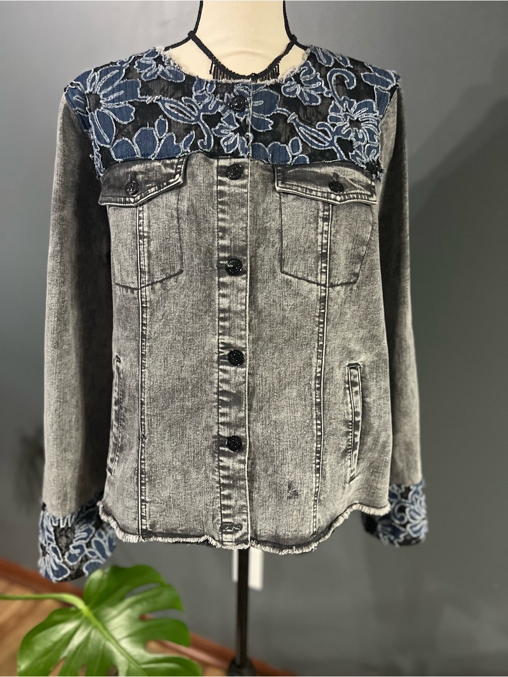 LOGO by Lori Goldstein Grey Denim Jacket with Blue Embroidered Floral